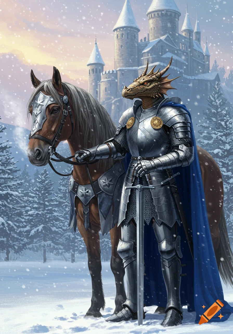 A dragon-headed knight in steel armor and a blue cape stands beside his horse in a snowy landscape with a castle in the background.