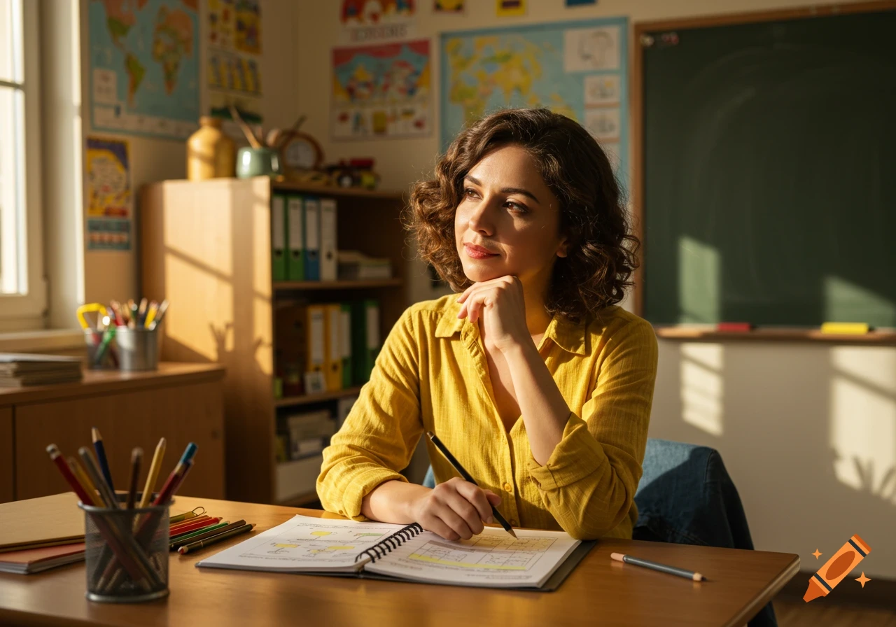 A thoughtful female teacher with curly hair in a yellow shirt sits at a desk in a sunny classroom, planning lessons.