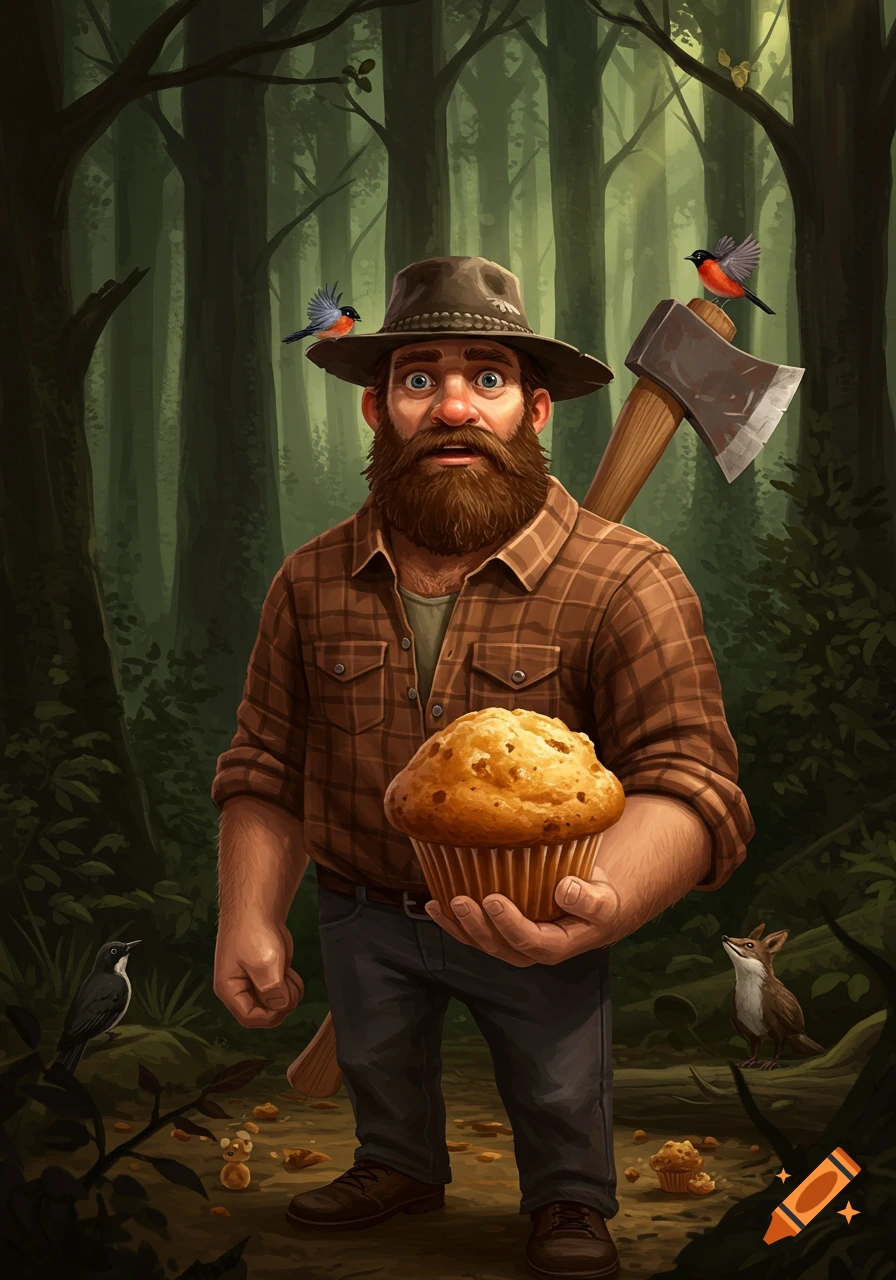 An illustrated bearded lumberjack with a surprised expression, holding a giant muffin in a dark forest. Small birds and a fox are nearby.