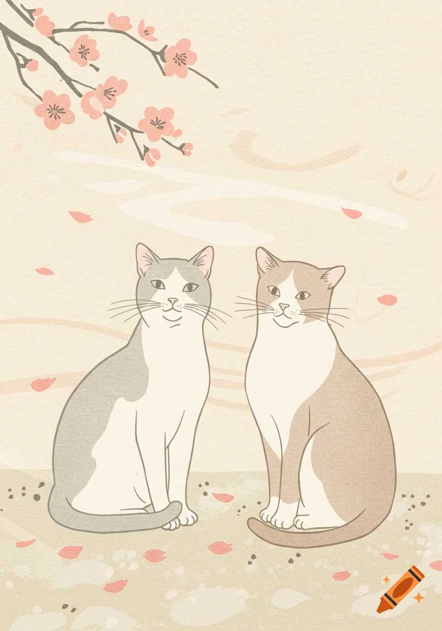 Two minimalist cats sit under a cherry blossom branch in a Japanese-style illustration.
