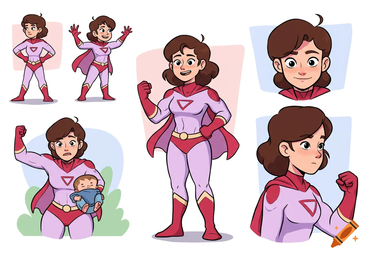 A cartoon model sheet of a brown-haired superhero woman in a pink and red suit, shown in various poses, including one with a baby.