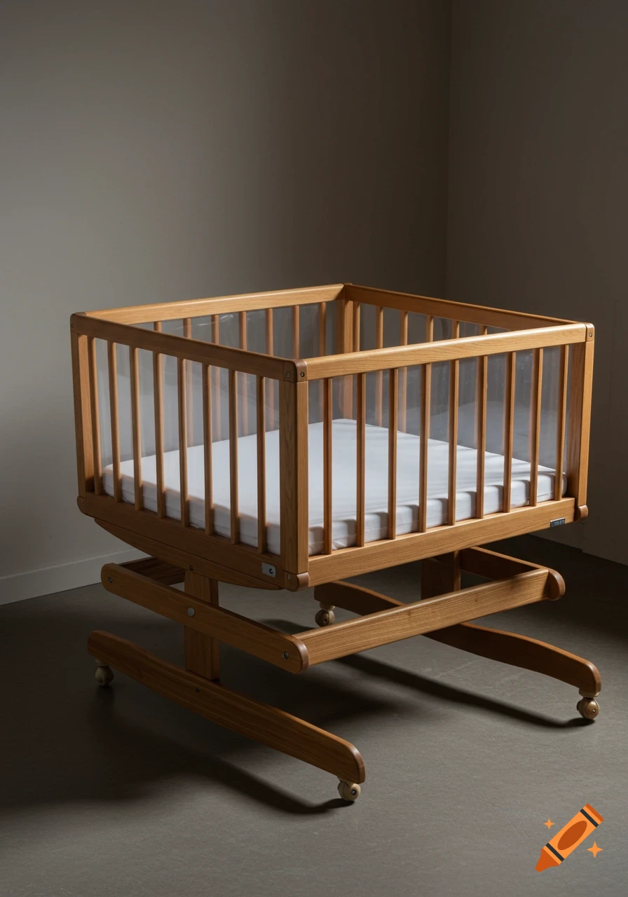 A modern wooden baby crib with transparent sides and a white mattress stands indoors against a plain wall.