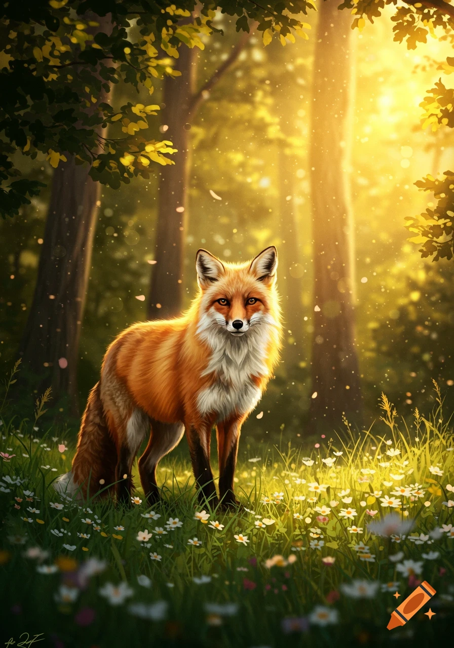 A majestic red fox with a white chest and black paws stands in a sunlit forest clearing filled with white flowers.