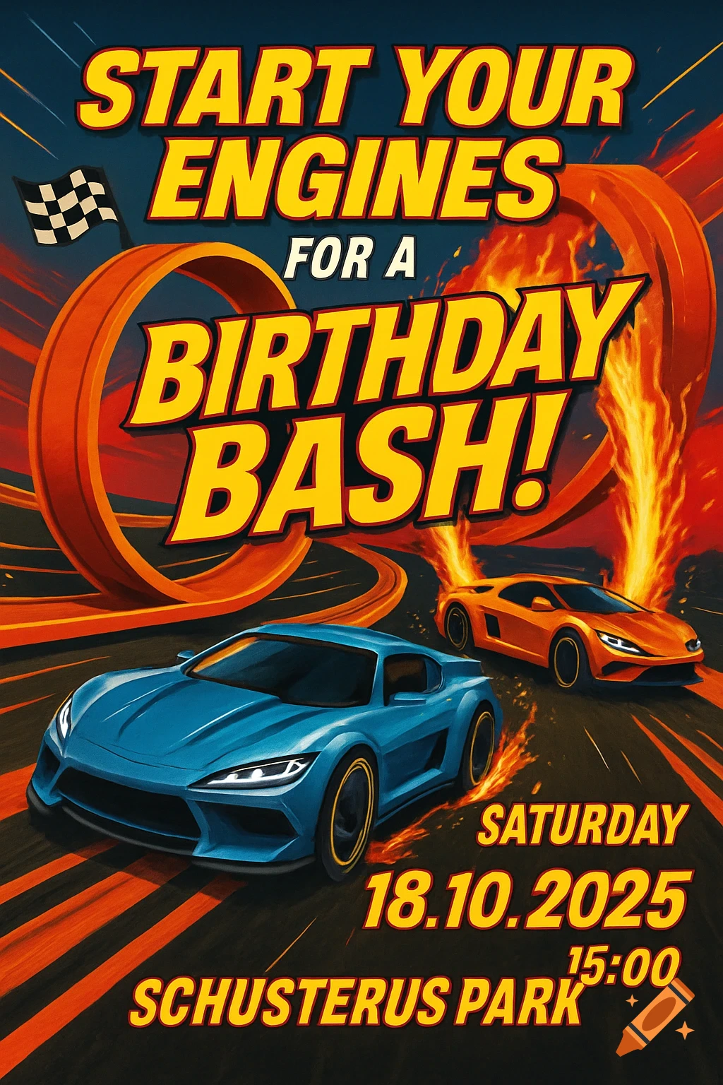 Hot Wheels-style birthday invitation showing blue and orange race cars on a flaming track. Text for a birthday bash.