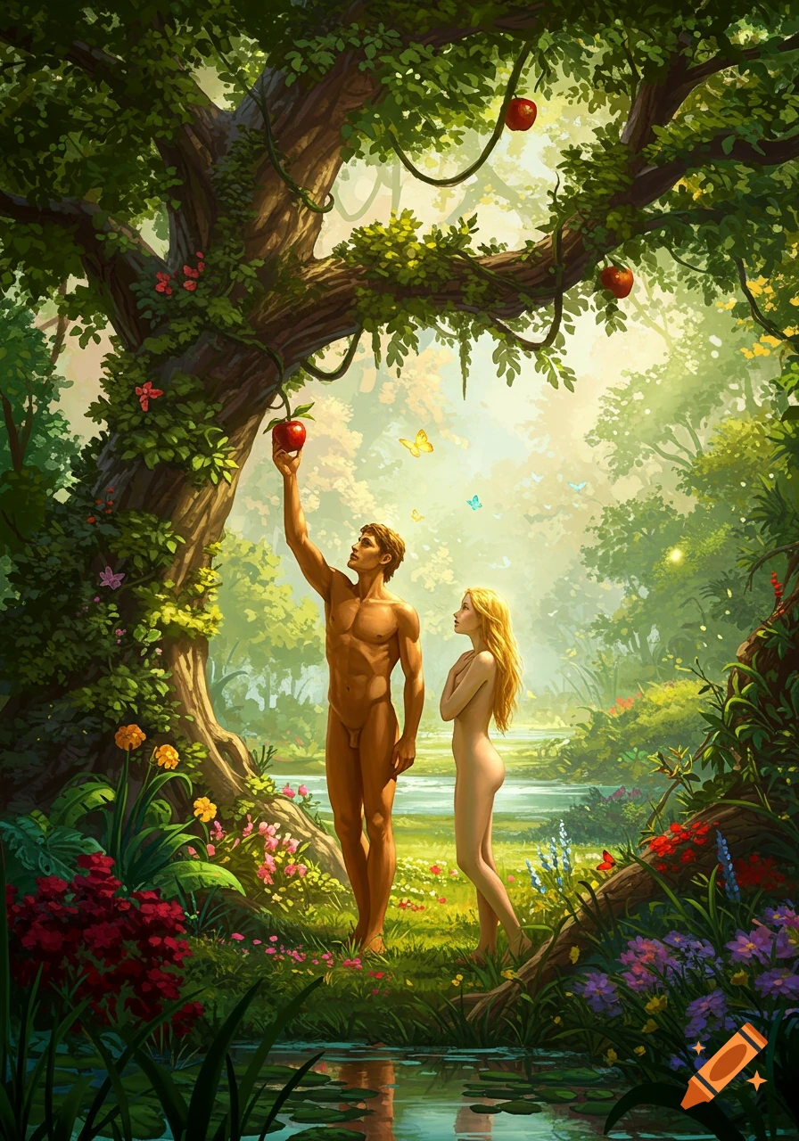 Adam reaches for an apple from a tree while Eve stands nearby in a lush, painterly Garden of Eden scene.