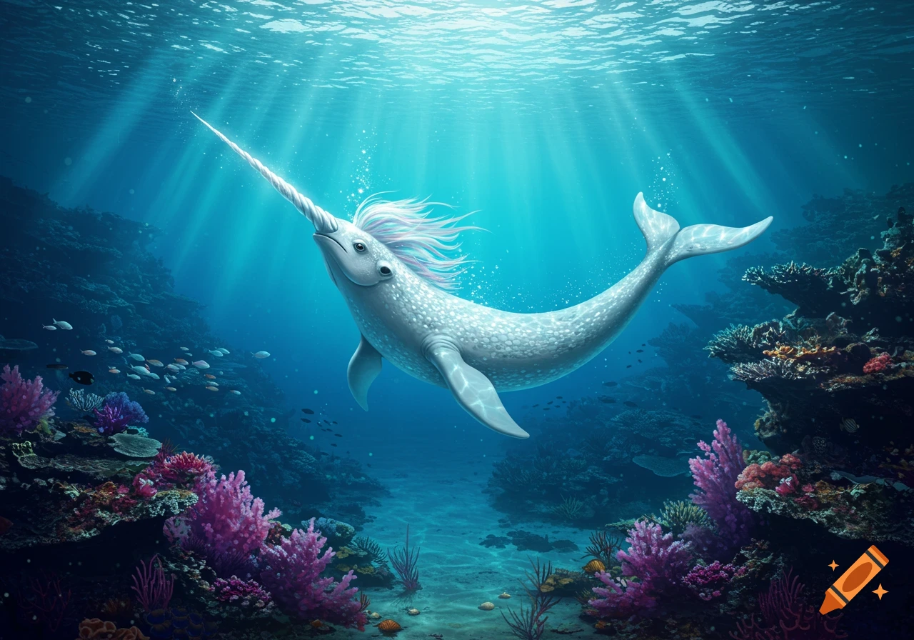 A white hornacle with a long horn and pink mane swims over a colorful coral reef in a sunlit ocean.