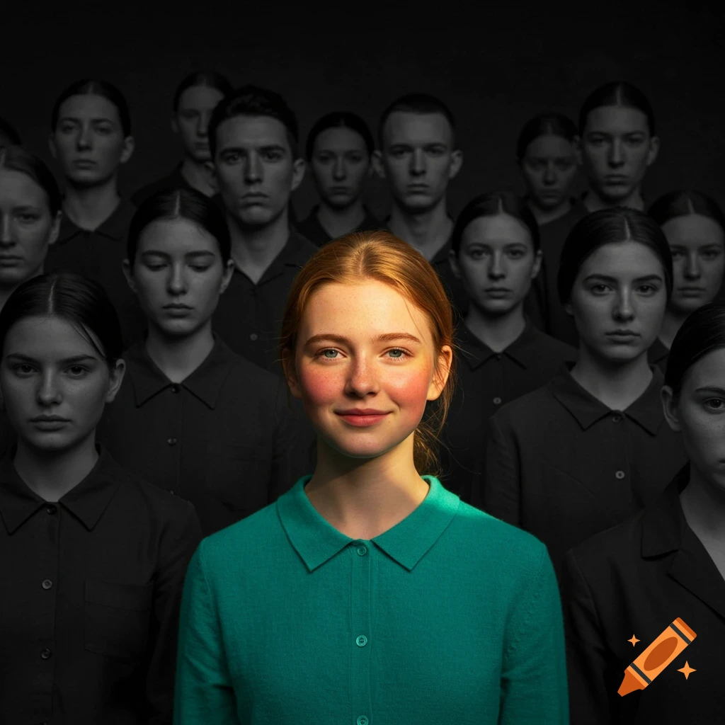A smiling young woman with red hair and a green shirt is in full color, standing in front of a crowd of serious, black and white people.