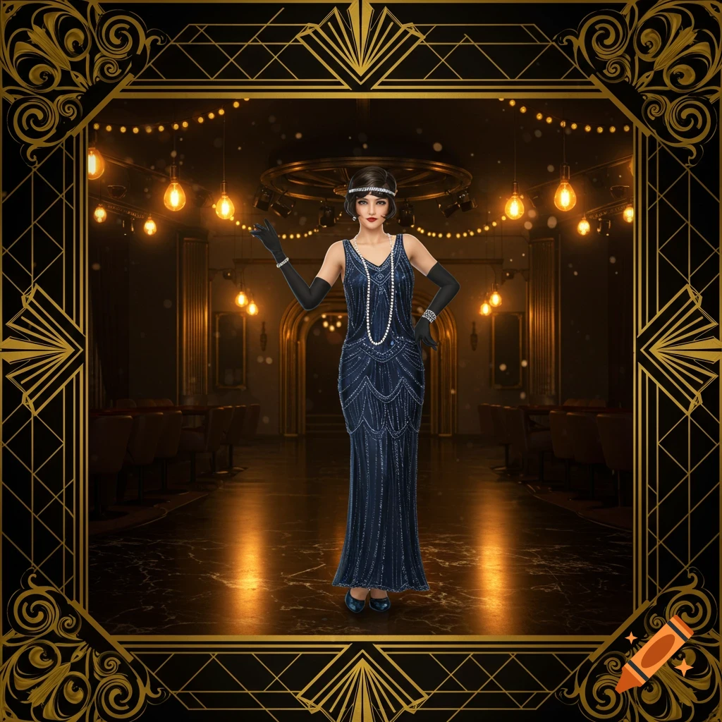 A woman in a navy blue flapper dress and long gloves stands in an Art Deco room with string lights, framed by a gold border.