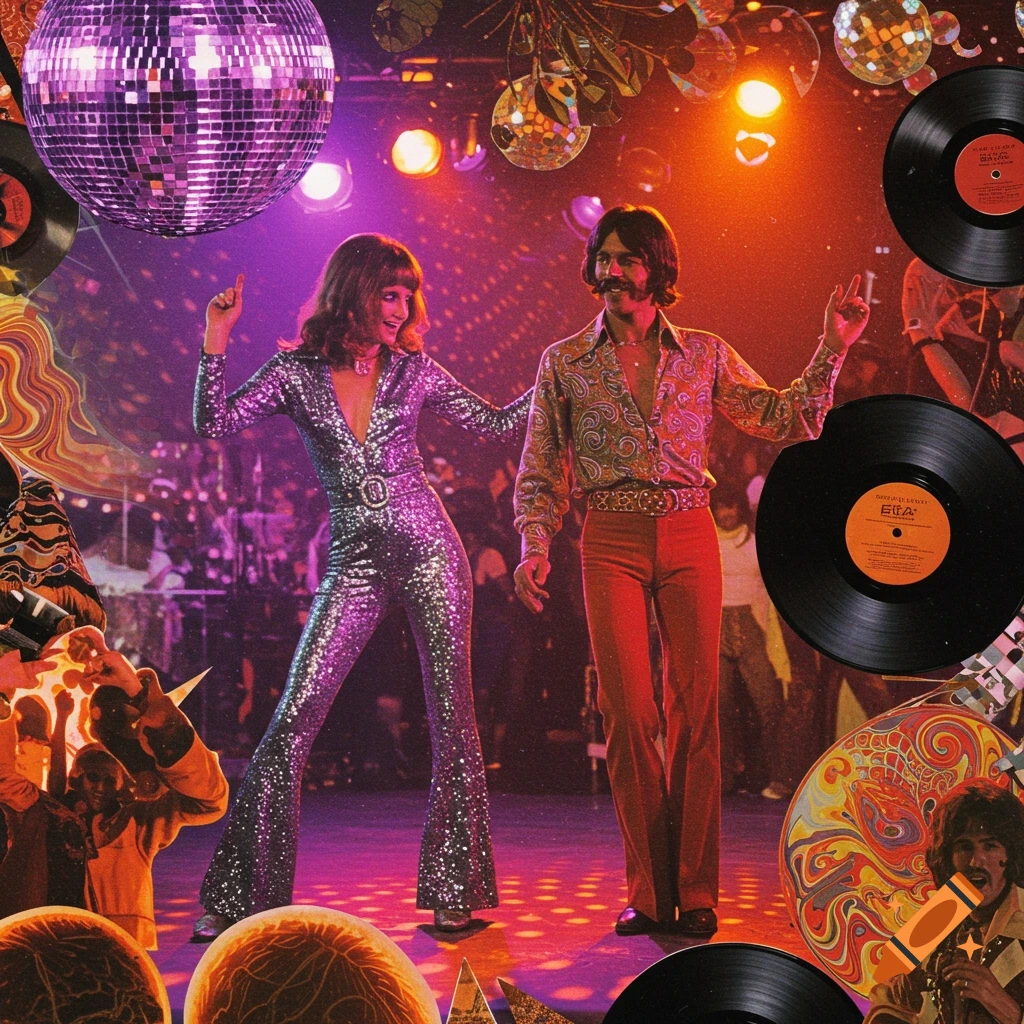 A vibrant 1970s disco collage with a couple dancing, disco balls, and vinyl records.