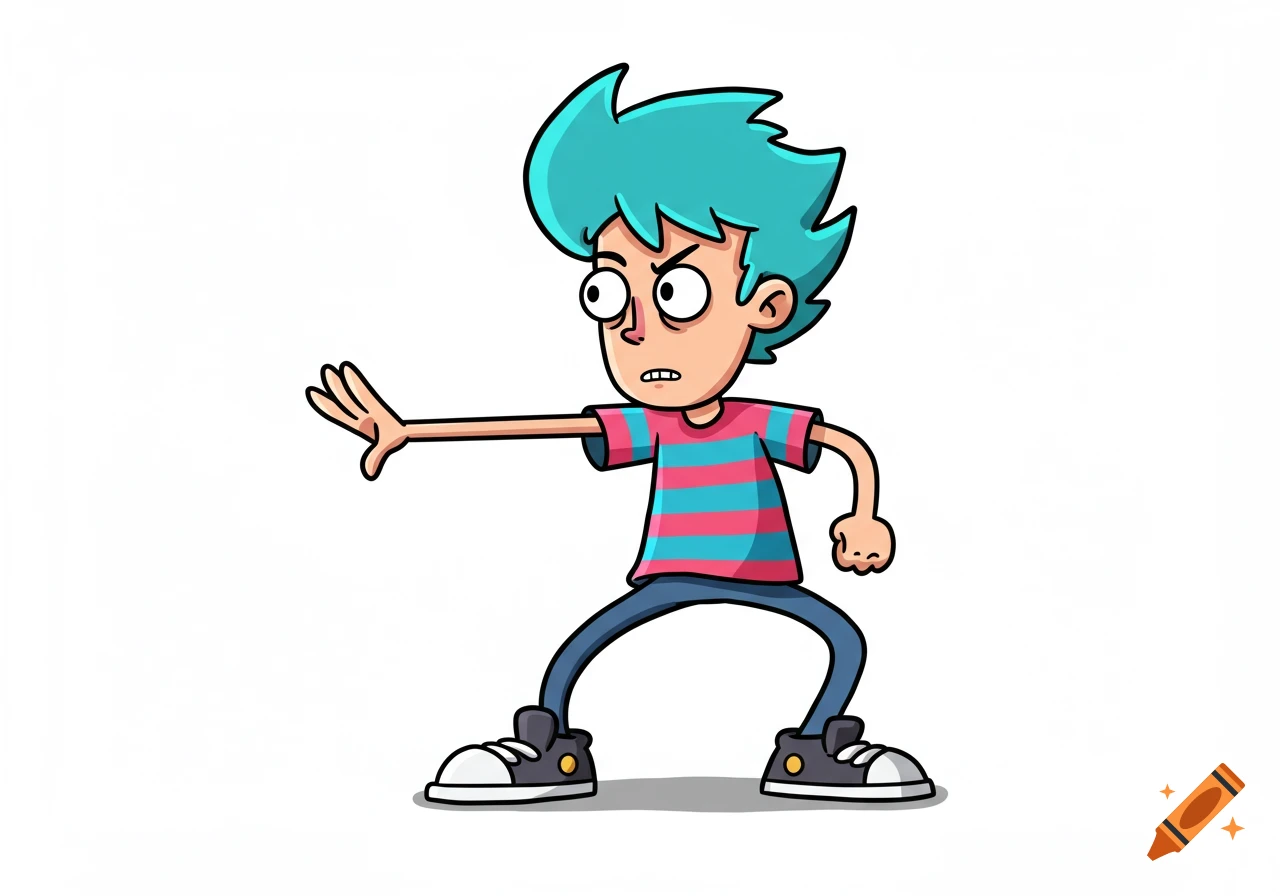 A cartoon boy with spiky teal hair, wearing a pink and blue striped shirt and jeans, standing with one arm extended forward, hand open, as if pushing something away. He has a slightly annoyed or determined expression.