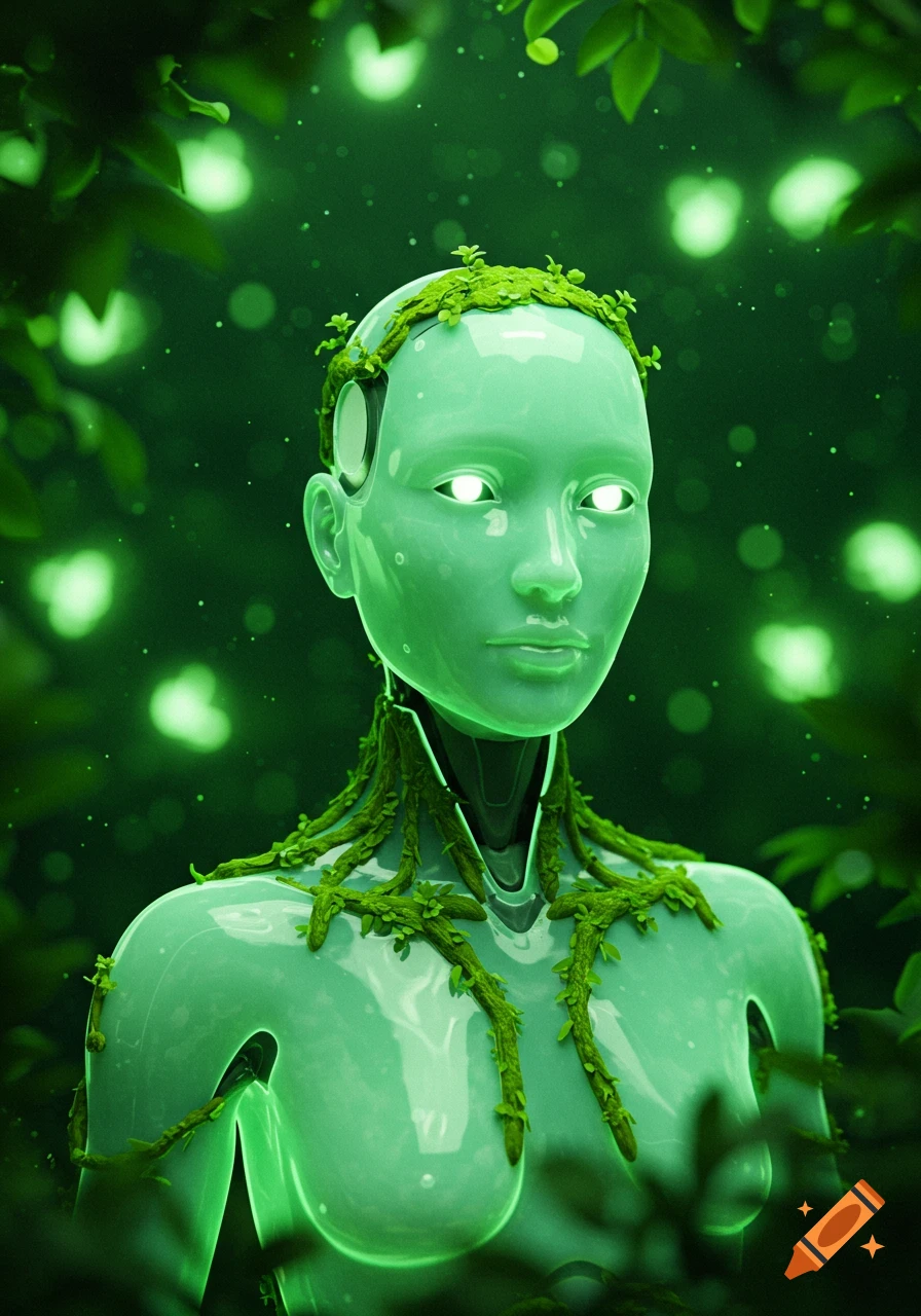 A green, translucent humanoid robot with glowing eyes and vines, in a dark green mystical forest with glowing lights.