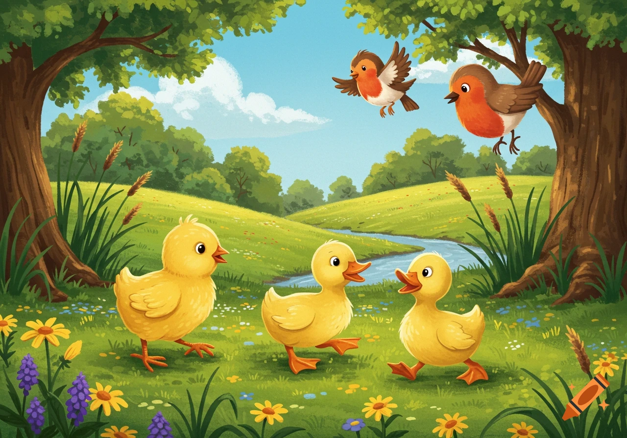 A vibrant cartoon shows a yellow chick and two ducklings walking in a sunny green meadow with flowers, trees, and a stream, as two robins fly above.