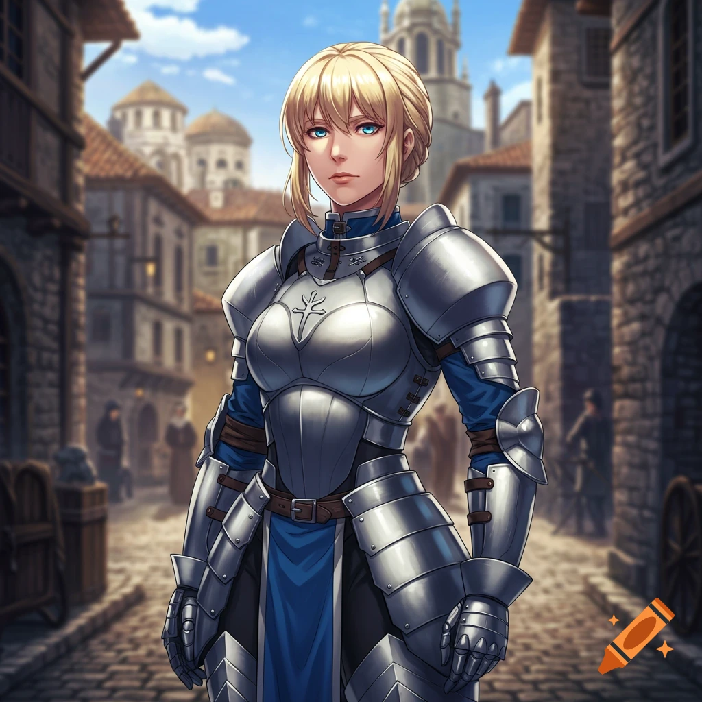 Anime-style blonde woman knight in steel armor standing on a medieval city street.