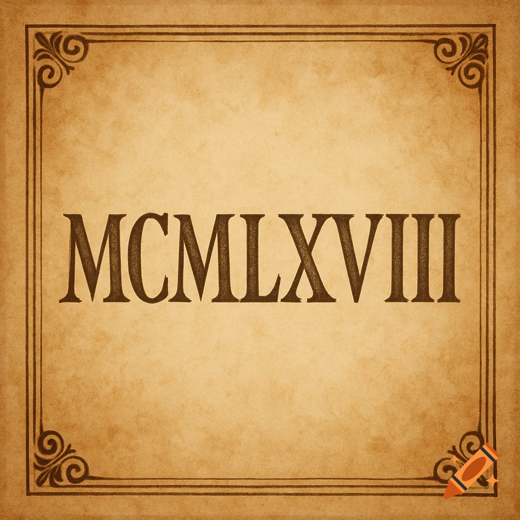 Roman numerals MCMLXVIII (1968) on a vintage parchment background with a decorative border.