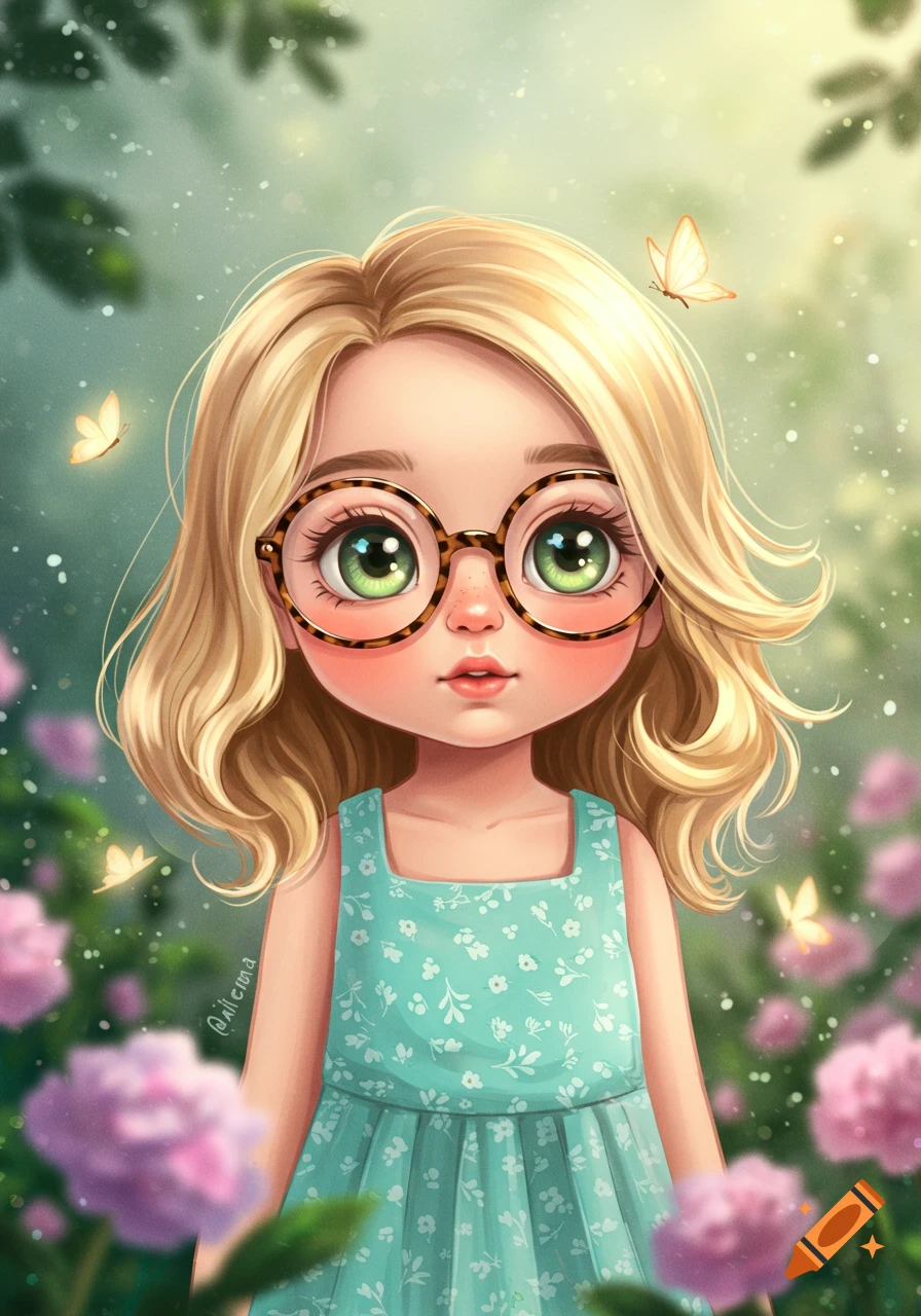 Cute cartoon blonde girl with green eyes and round glasses in a teal dress, surrounded by flowers and butterflies.