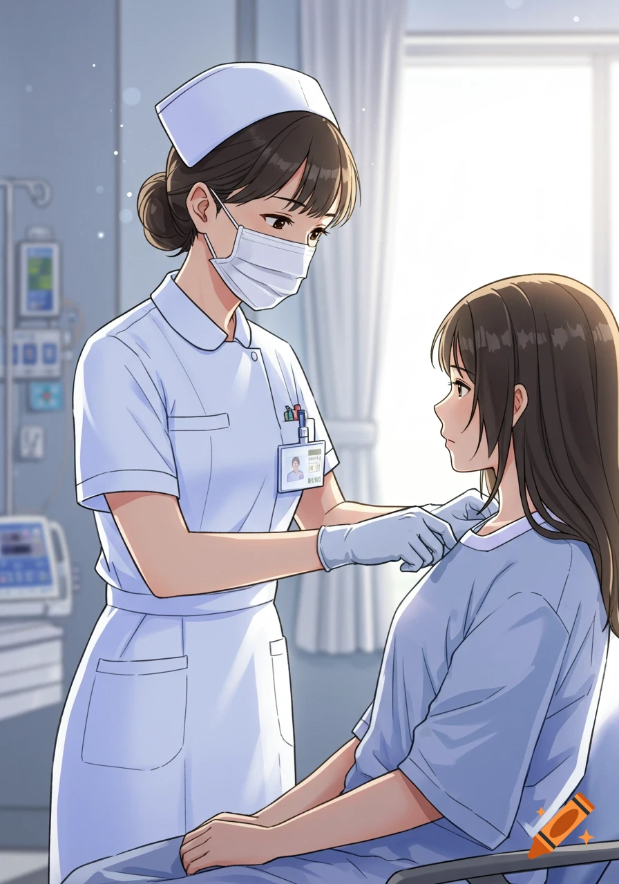 Anime illustration of a nurse in a mask and gloves tending to a patient in a hospital bed.