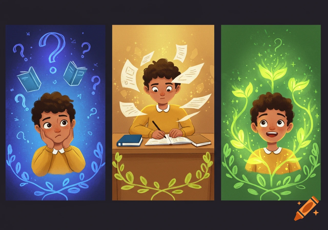A three-panel cartoon illustration of a boy's learning journey: confused, then focused on studying, and finally happy with new growth.