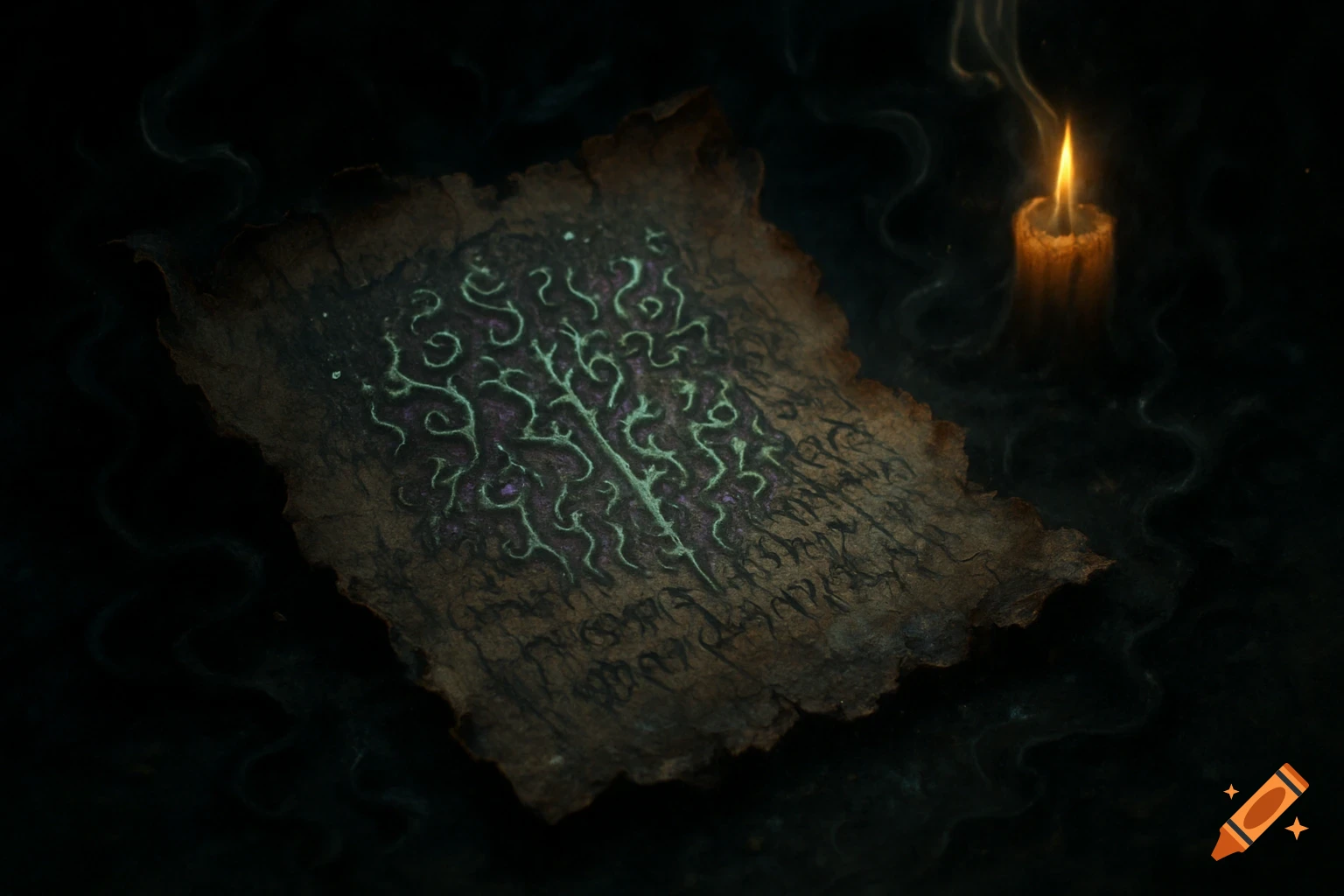 An old paper with glowing green eldritch writings, illuminated by a candle in a dark, smoky setting.