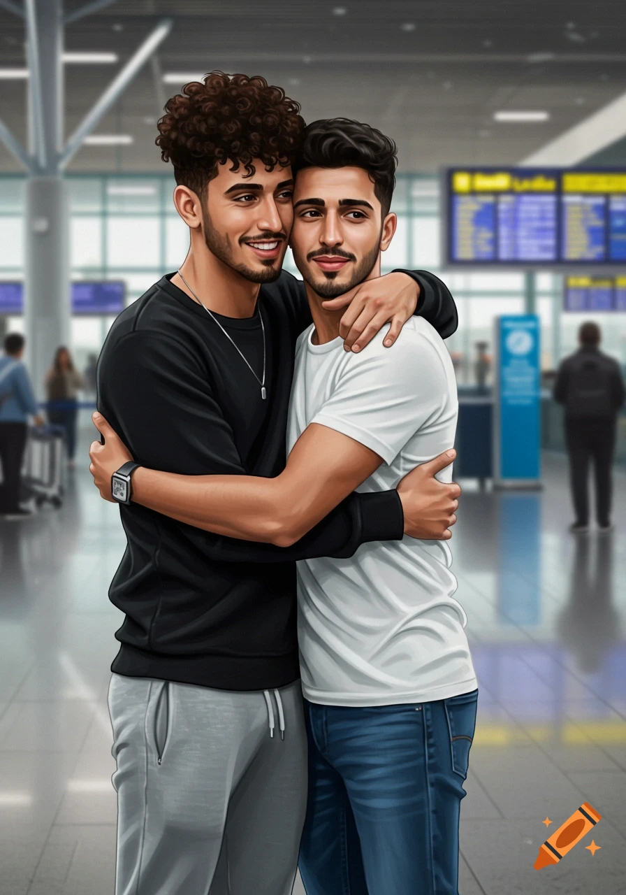 Two young men with dark hair hug lovingly in a stylized airport terminal, smiling.