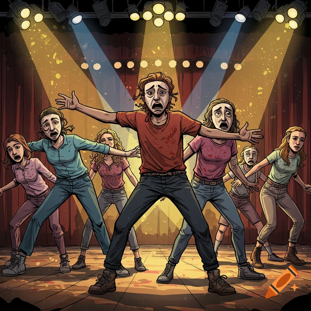 Comic-style illustration of terrified teenagers acting on a brightly lit stage with a red curtain.