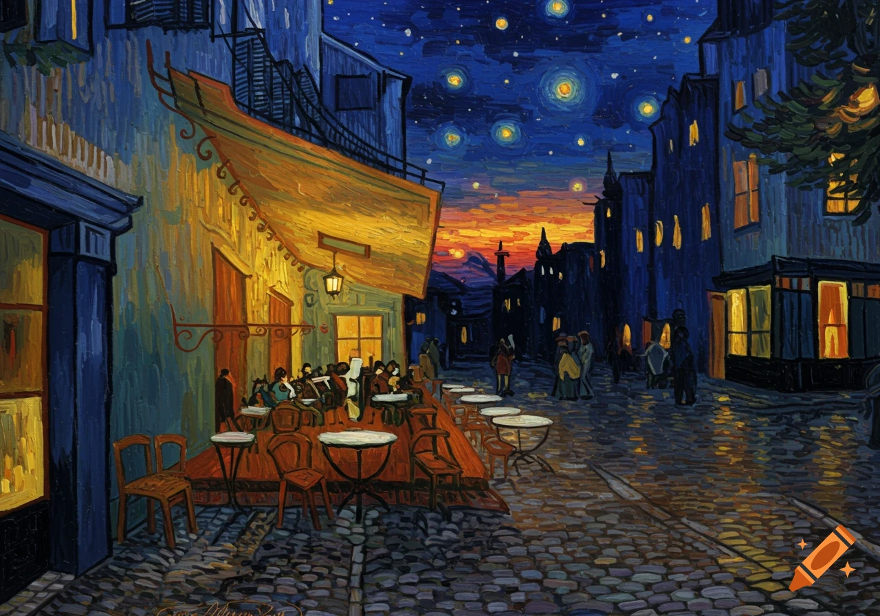 A vibrant Van Gogh-style painting of a café terrace at night, with patrons, warm lights, and a starry sky transitioning to a sunset.