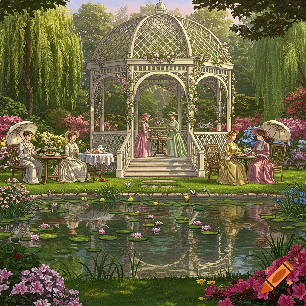 Victorian women in elegant dresses enjoy a tea party in a lush garden with a white gazebo and a lily pad pond.