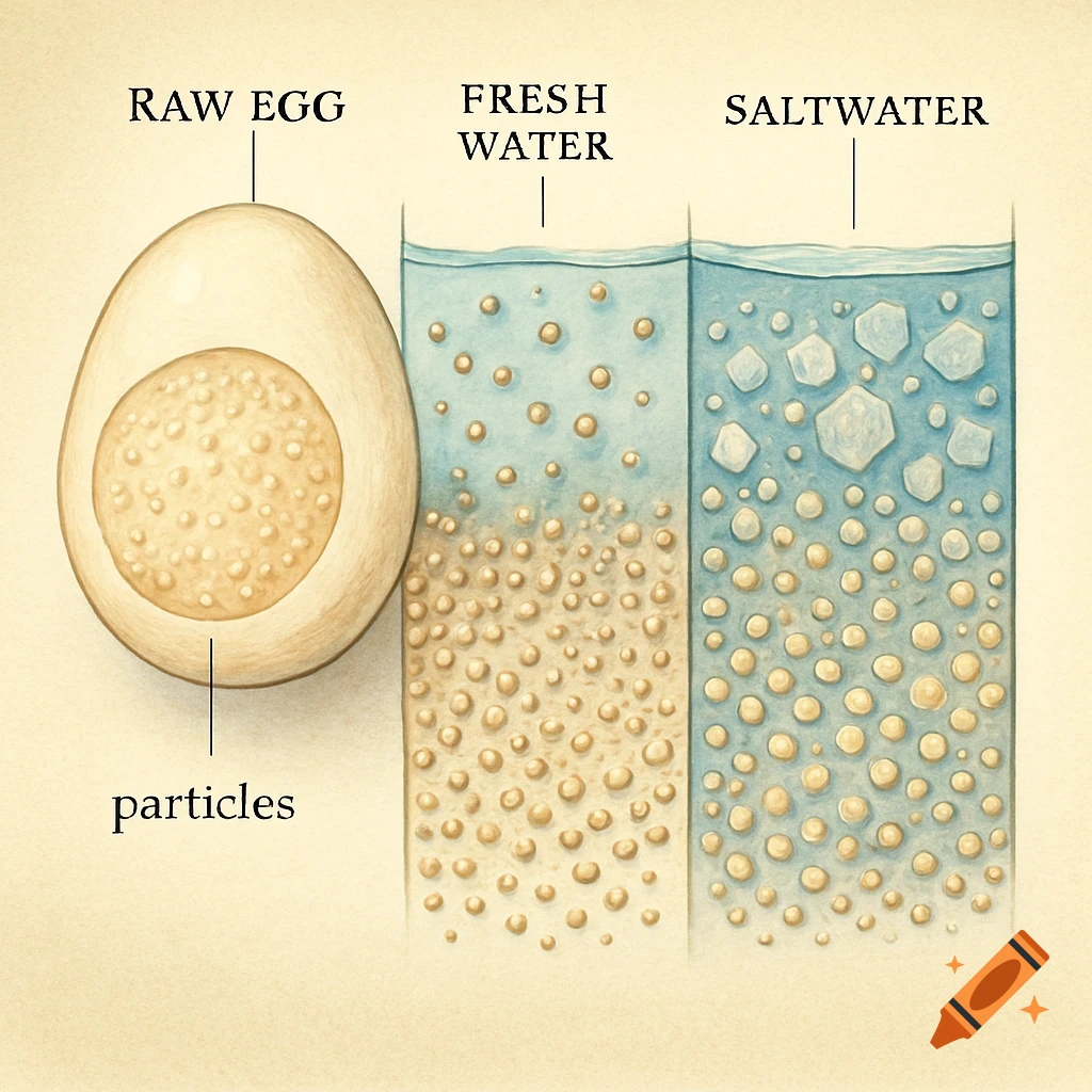 Scientific diagram of particle arrangement in a raw egg, fresh water, and saltwater, explaining density.