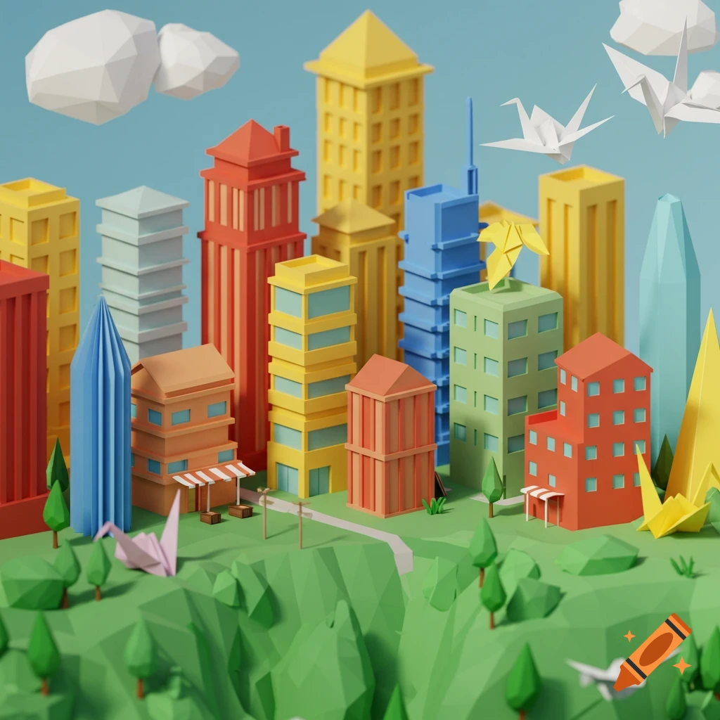 A vibrant low-poly 3D render of an origami city with colorful skyscrapers, green hills, and white paper cranes flying in a blue sky.