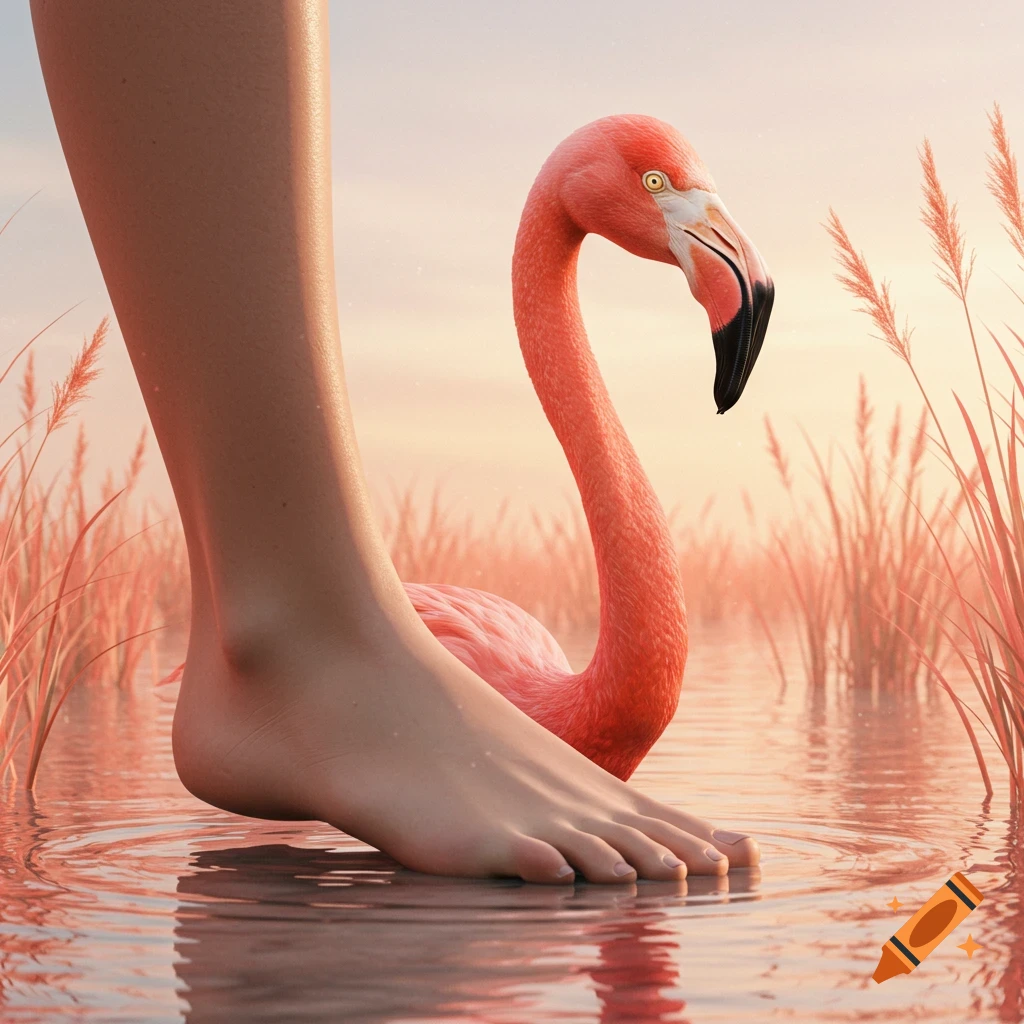 A bare human foot steps into water next to a vibrant pink flamingo at golden hour, with reeds in the background.