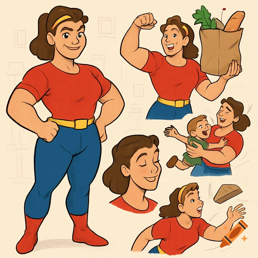Cartoon model sheet of a strong woman in red and blue, shown flexing, holding groceries, embracing a child, and reacting in various poses.