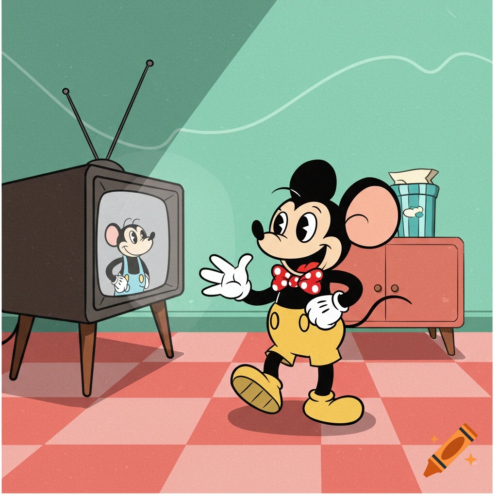 A retro cartoon mouse character, similar to Mickey Mouse, stands smiling while watching a smaller version of himself on an old television.