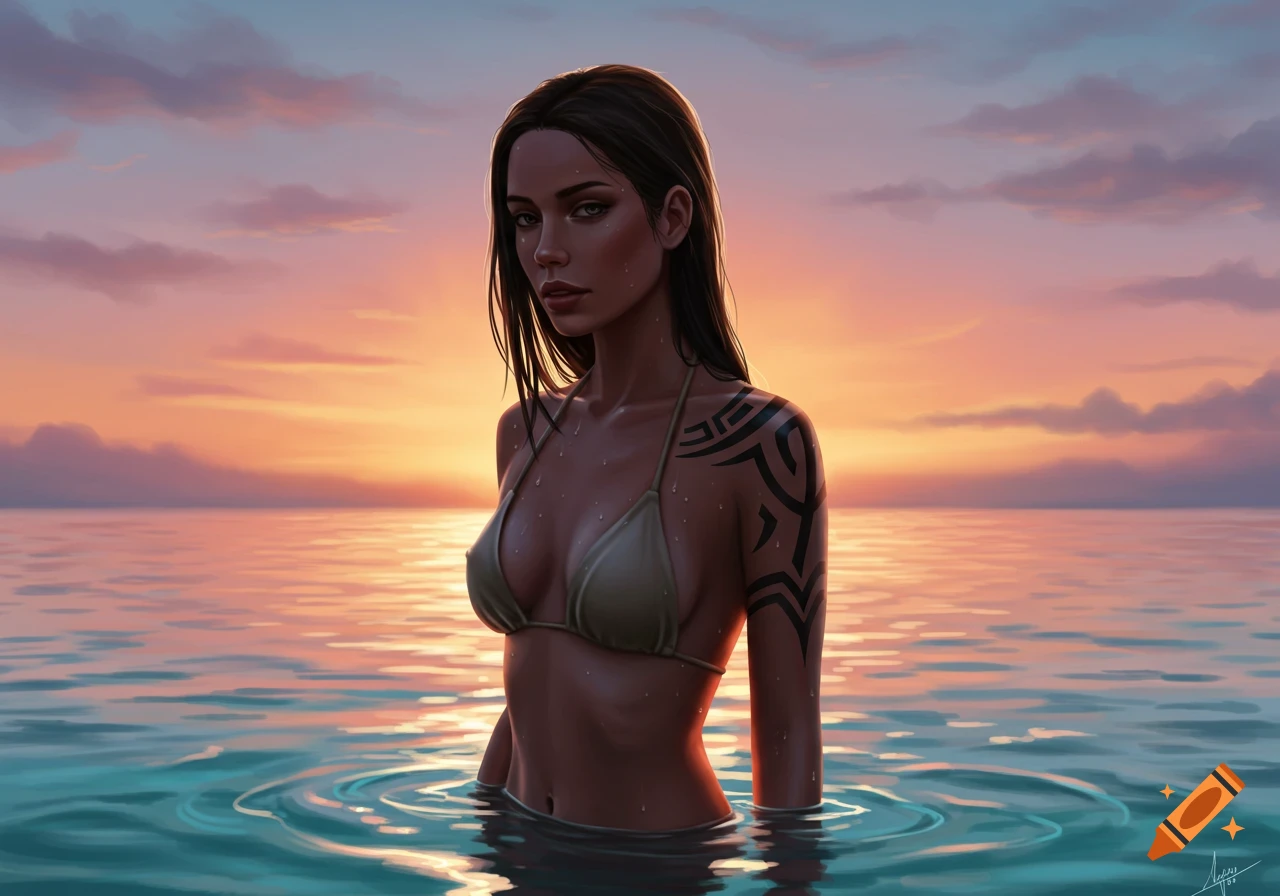 Digital painting of a woman in a bikini with a tribal tattoo, standing in the ocean at sunset.