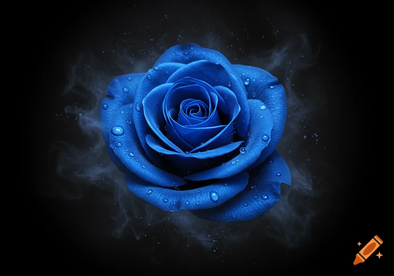 A vibrant blue rose with numerous water droplets on its petals, surrounded by wispy dark smoke against a deep black background.