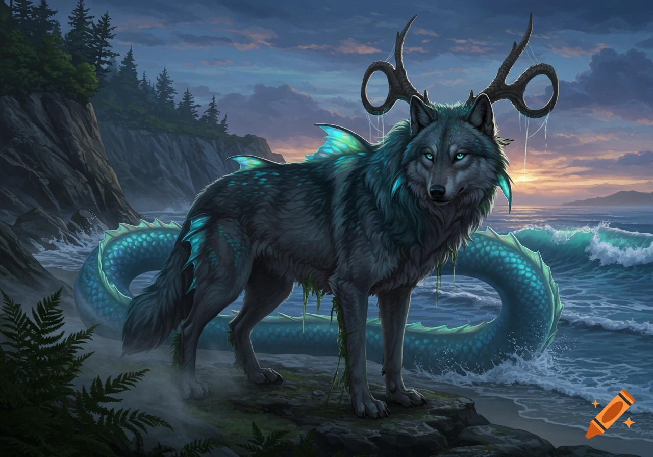 A dark grey wolf-sea dragon hybrid with glowing blue eyes, fins, scales, and antlers stands on coastal rocks by the ocean at sunset.