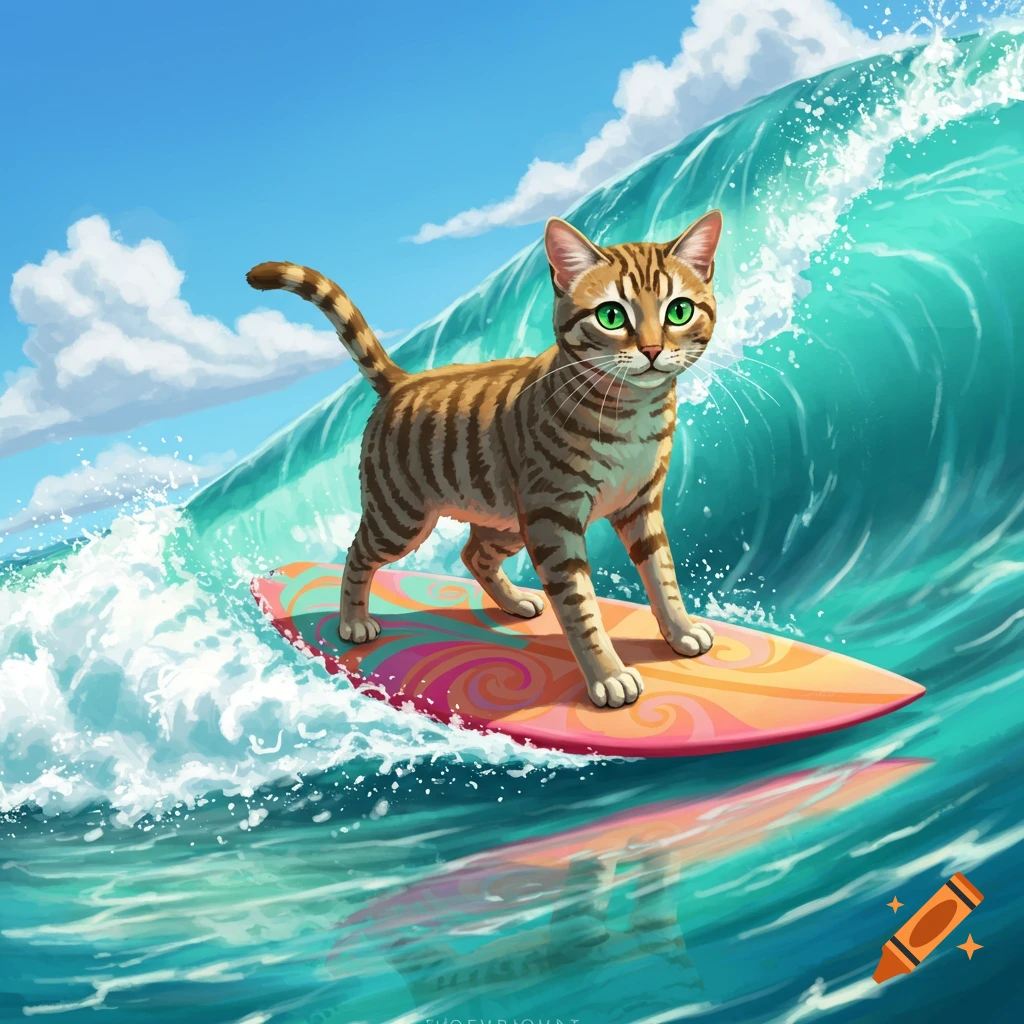 A striped cat with bright green eyes surfs a large blue wave on a colorful surfboard under a sunny sky, illustration style.