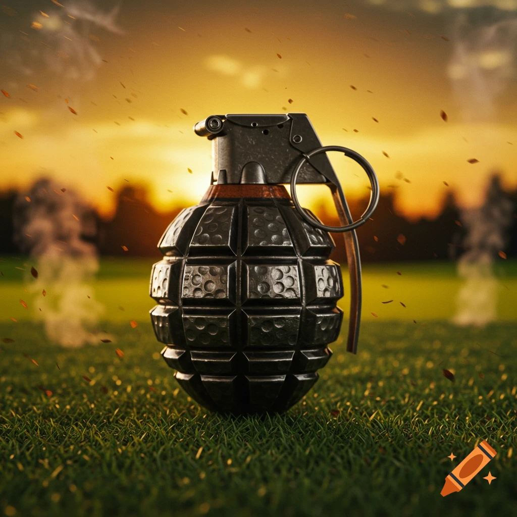 A close-up, photorealistic image of a grenade with its pin out, sitting in green grass at sunset with smoke and flying debris.