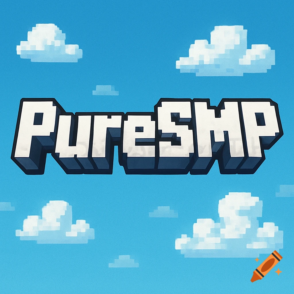 Pixelated logo for 'PureSMP' with blocky white and gray text against a blue sky with pixel clouds.