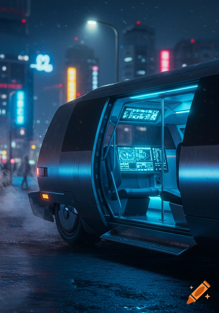 A futuristic dark gray transporter with a neon blue illuminated interior and glowing screens, parked on a wet street in a rainy cyberpunk city.