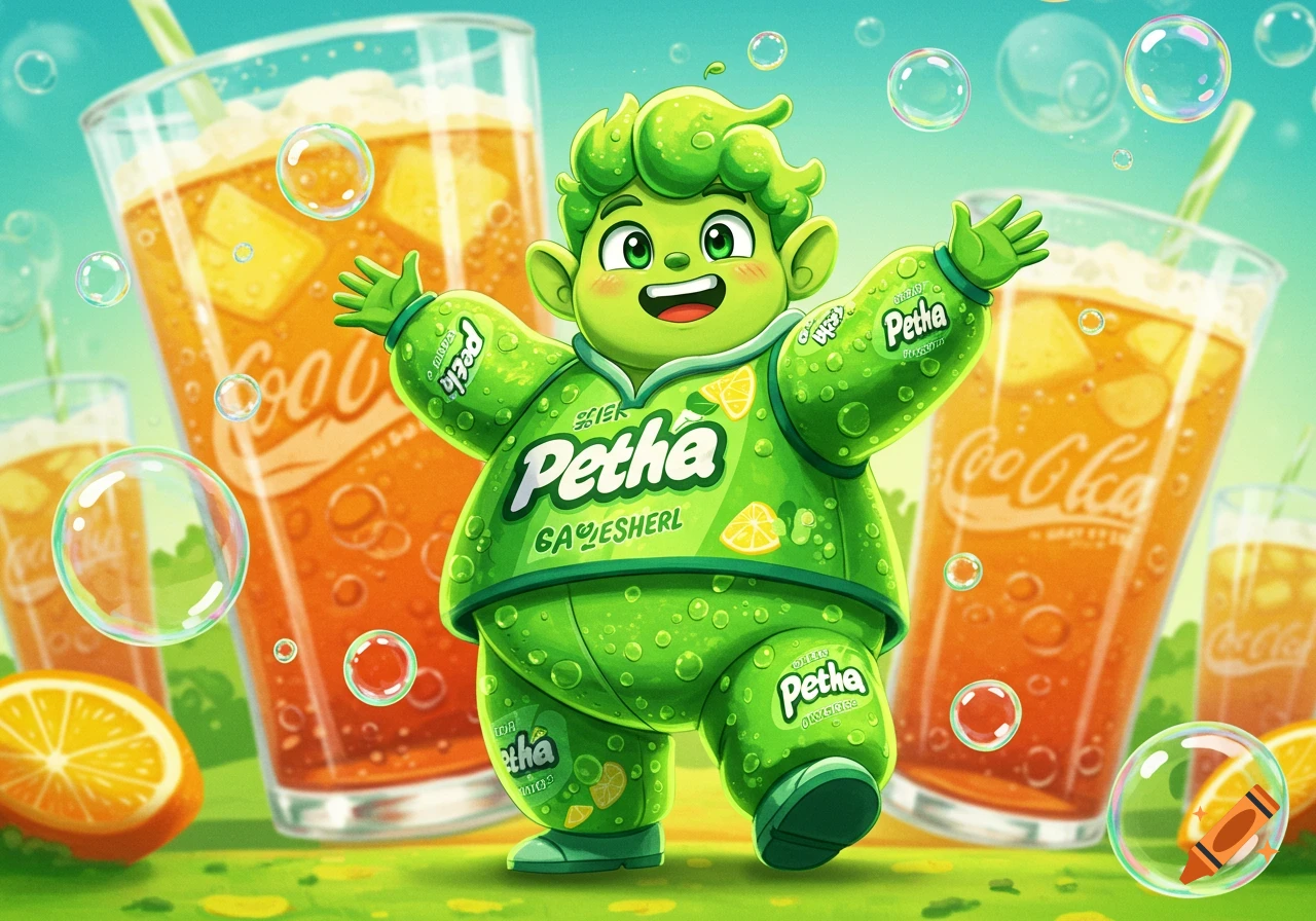 A vibrant cartoon character in a green bubbly suit, named "Petha," stands in front of large glasses of "Coca-Cola" soda with orange slices and bubbles. Stylized illustration.