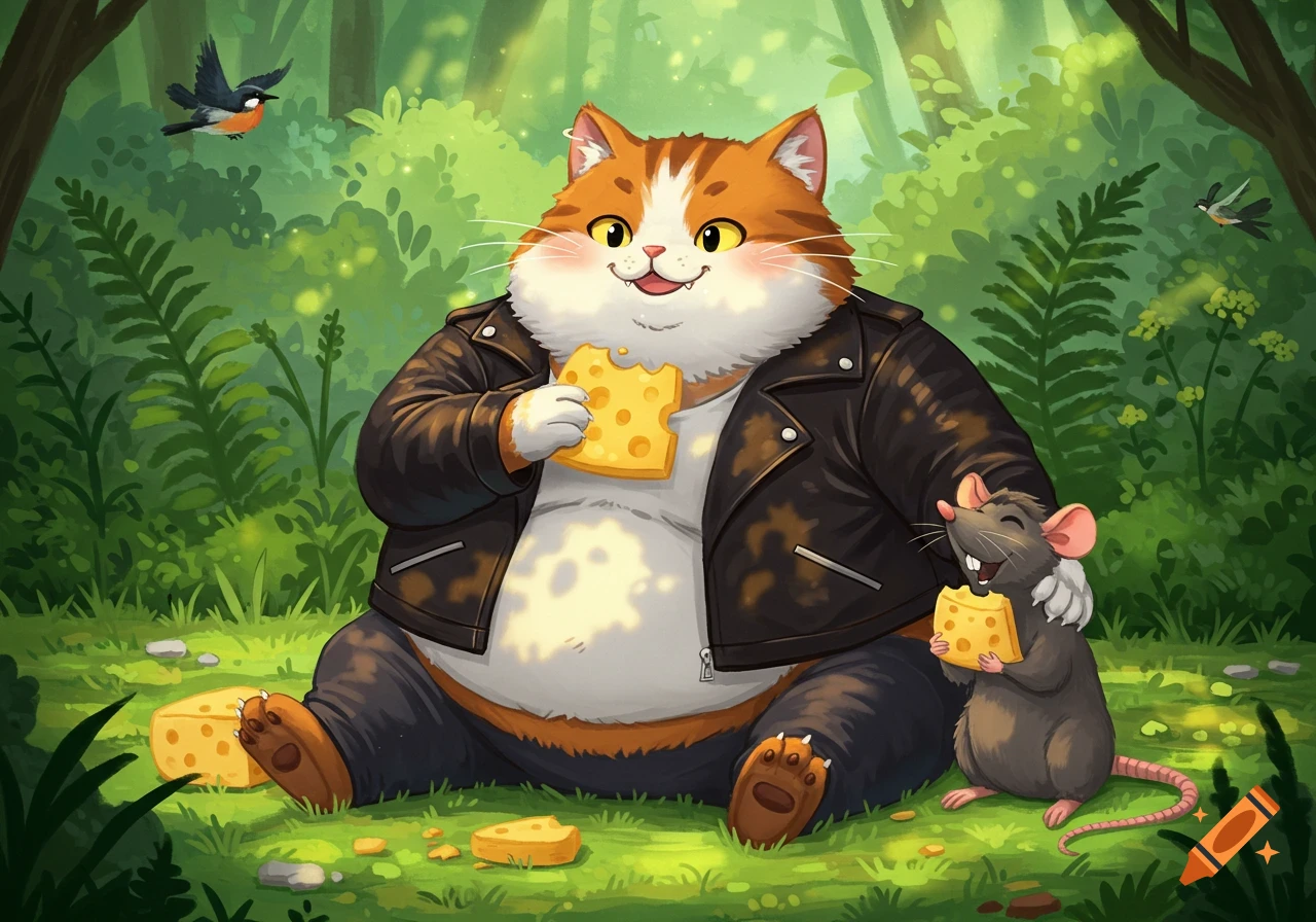 A chubby cartoon cat in a leather jacket and a rat sit in a forest, happily eating cheese. Drawn illustration.