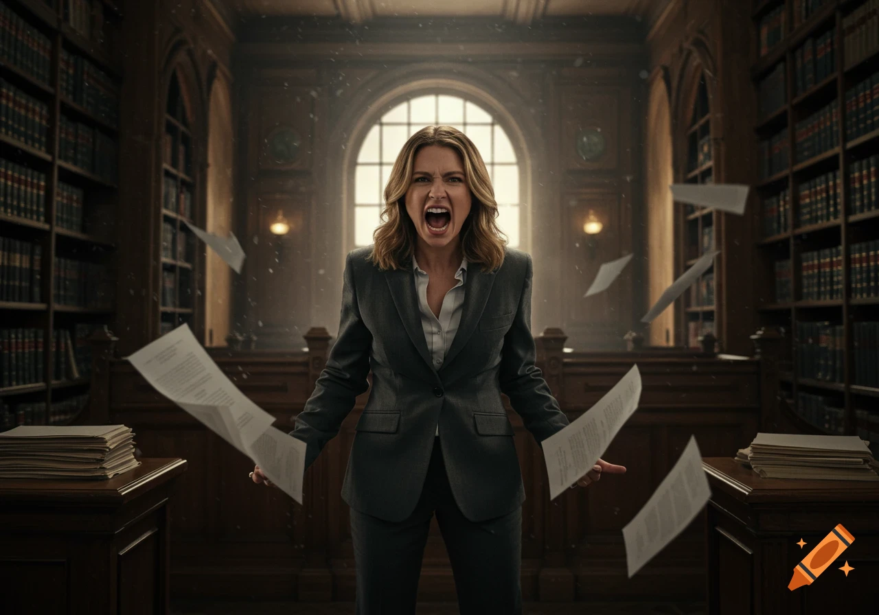 A distressed lawyer in a suit yells in a grand library, with papers flying around.