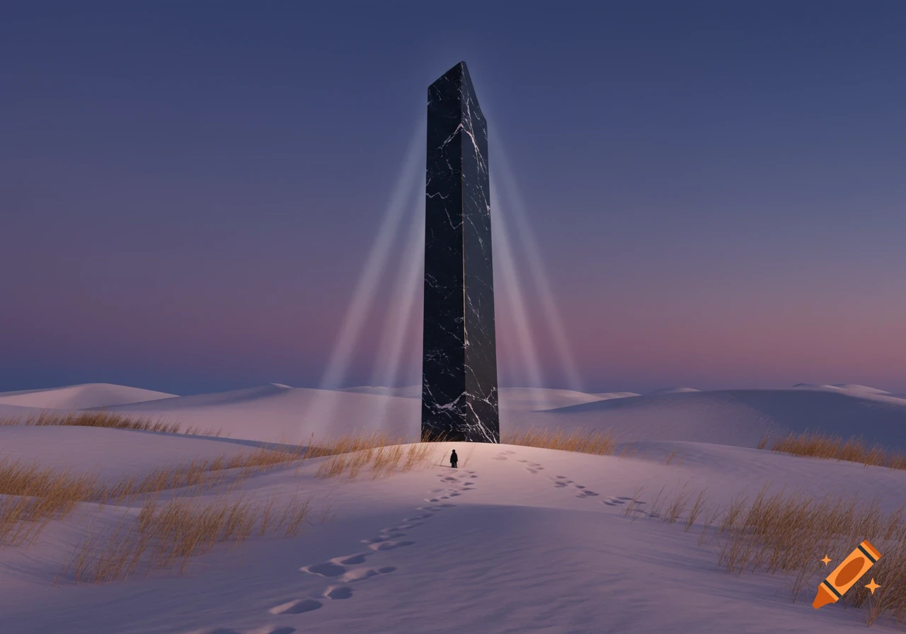 A dark monolith stands in a vast, snow-covered desert with a lone figure walking towards it under a twilight sky.