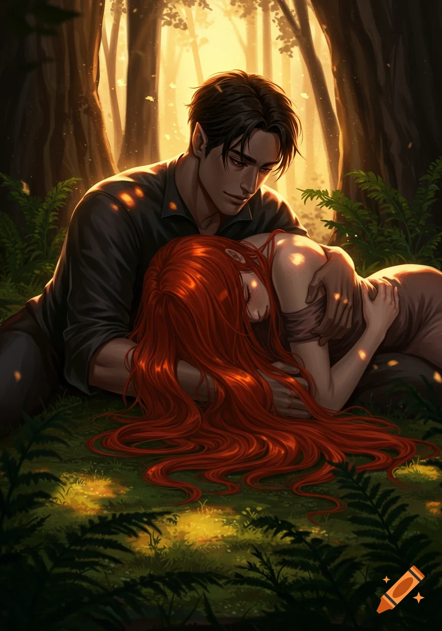 An illustration of a dark-haired man with pointed ears embracing a red-haired woman in a sunlit forest.
