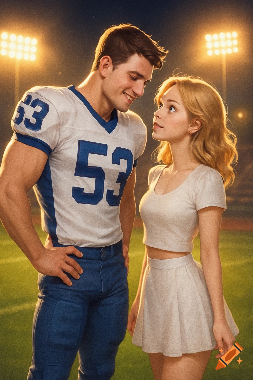 A muscular football player in a number 53 jersey smiles at a blonde woman in a white outfit on a lit stadium field.
