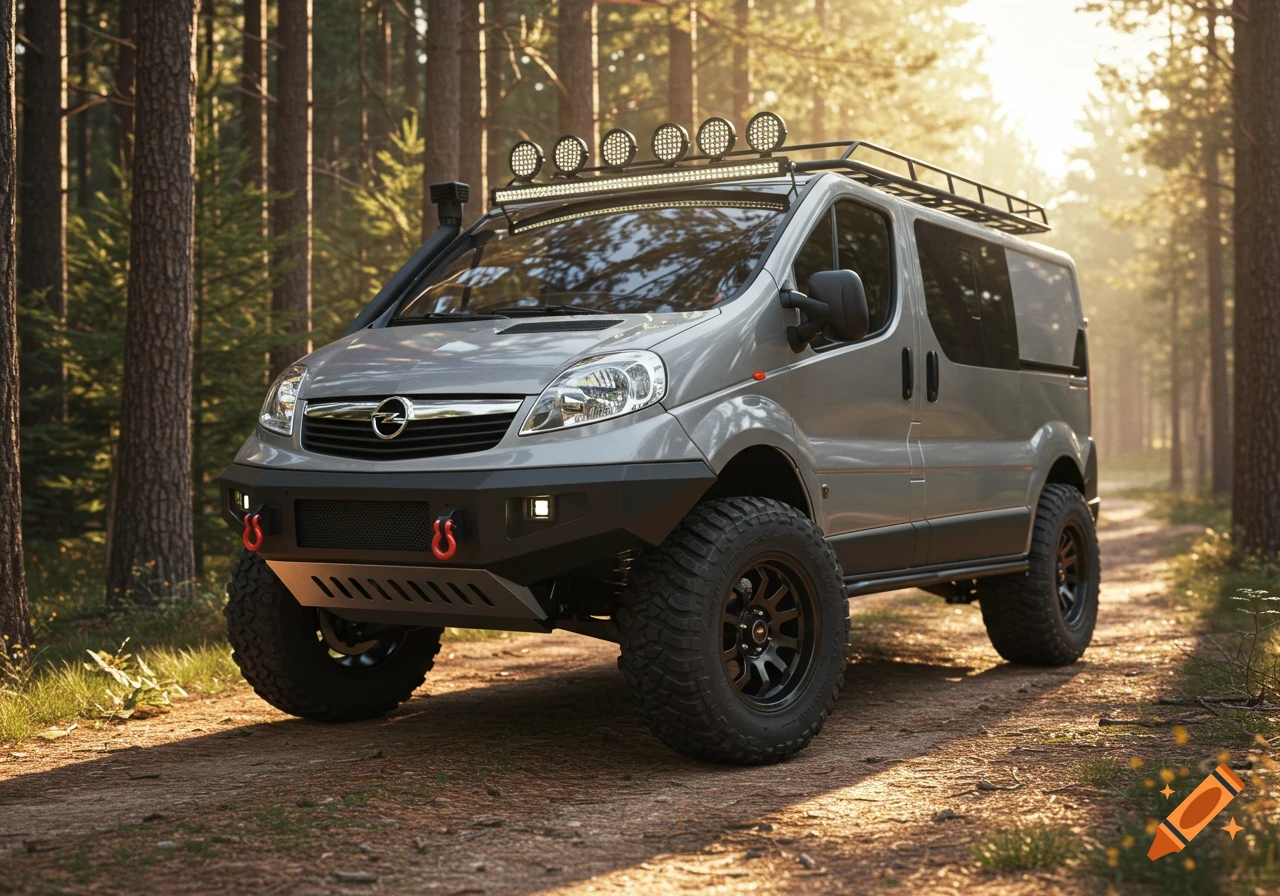 An off-road modified gray Opel Vivaro van with rugged tires and a roof rack, parked on a dirt trail in a sunlit forest.