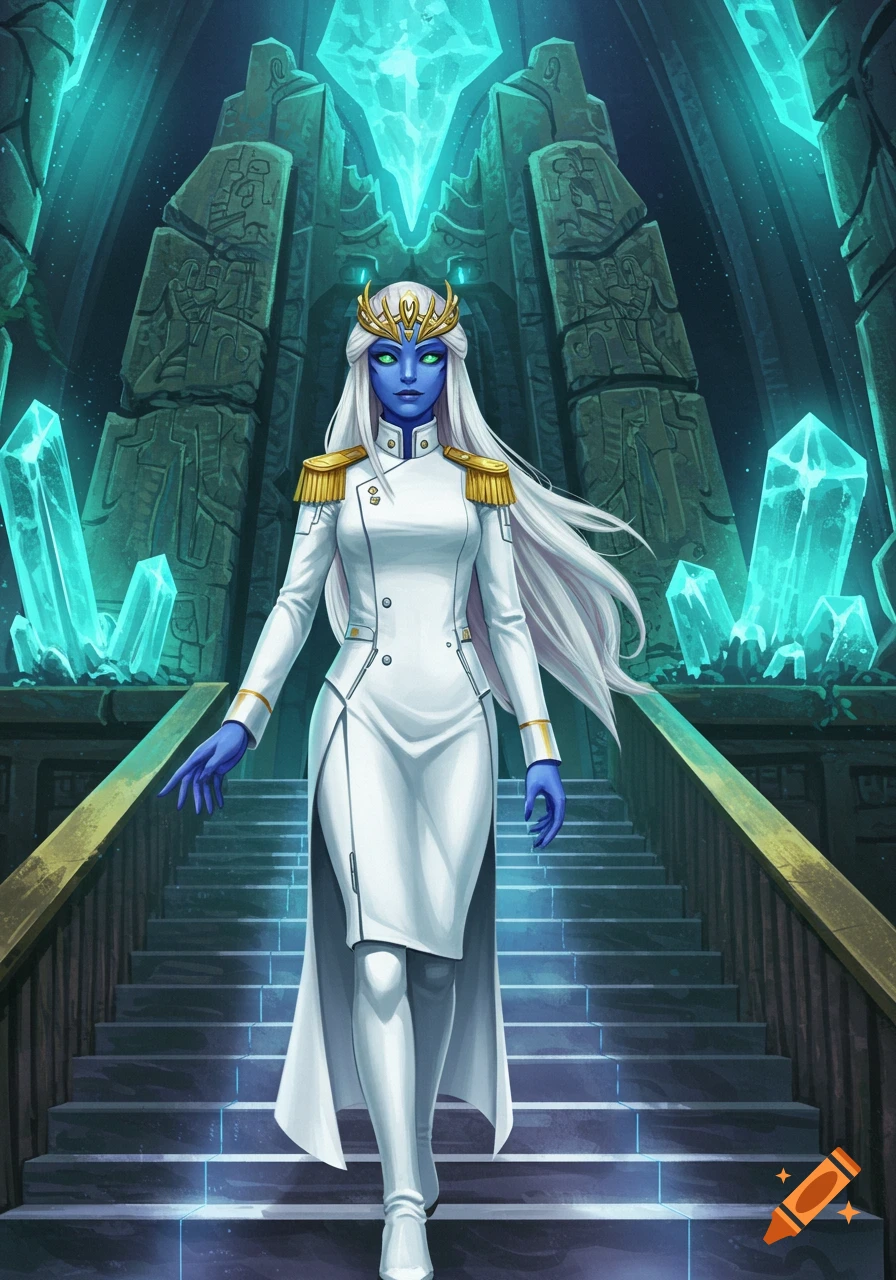 Blue-skinned alien woman with white hair, green eyes, in a white military uniform and gold crown on alien temple steps with glowing crystals.