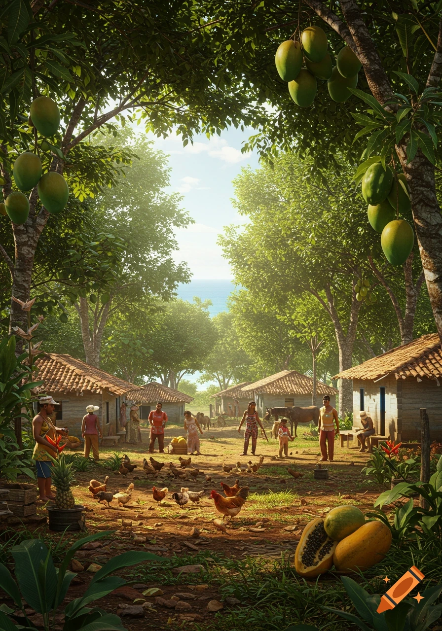 Lively Brazilian village in a rainforest with people, chickens, houses, and tropical fruits. The Atlantic ocean is in the background.
