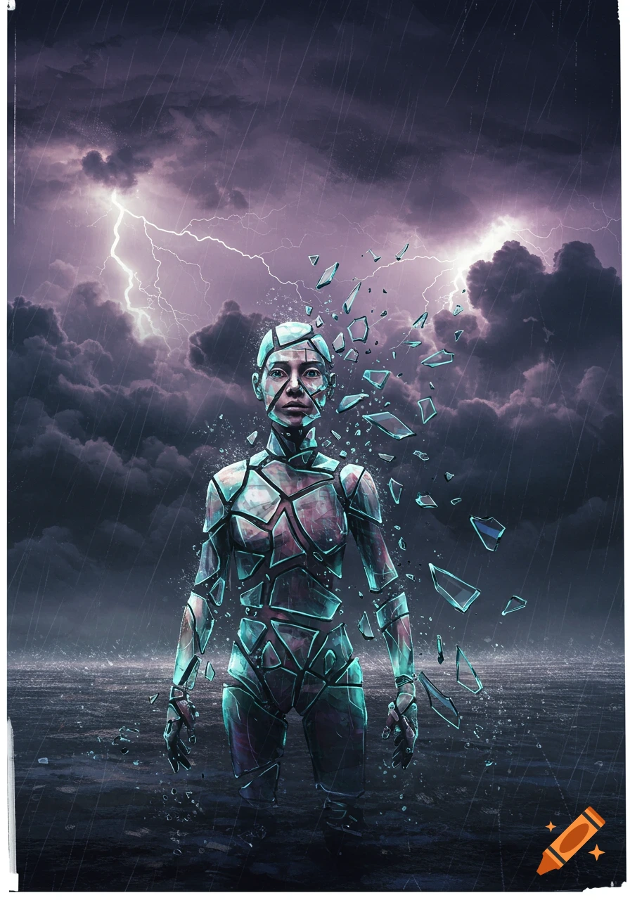 A surreal digital painting of a person made of glass shards shattering in a stormy sea with lightning.