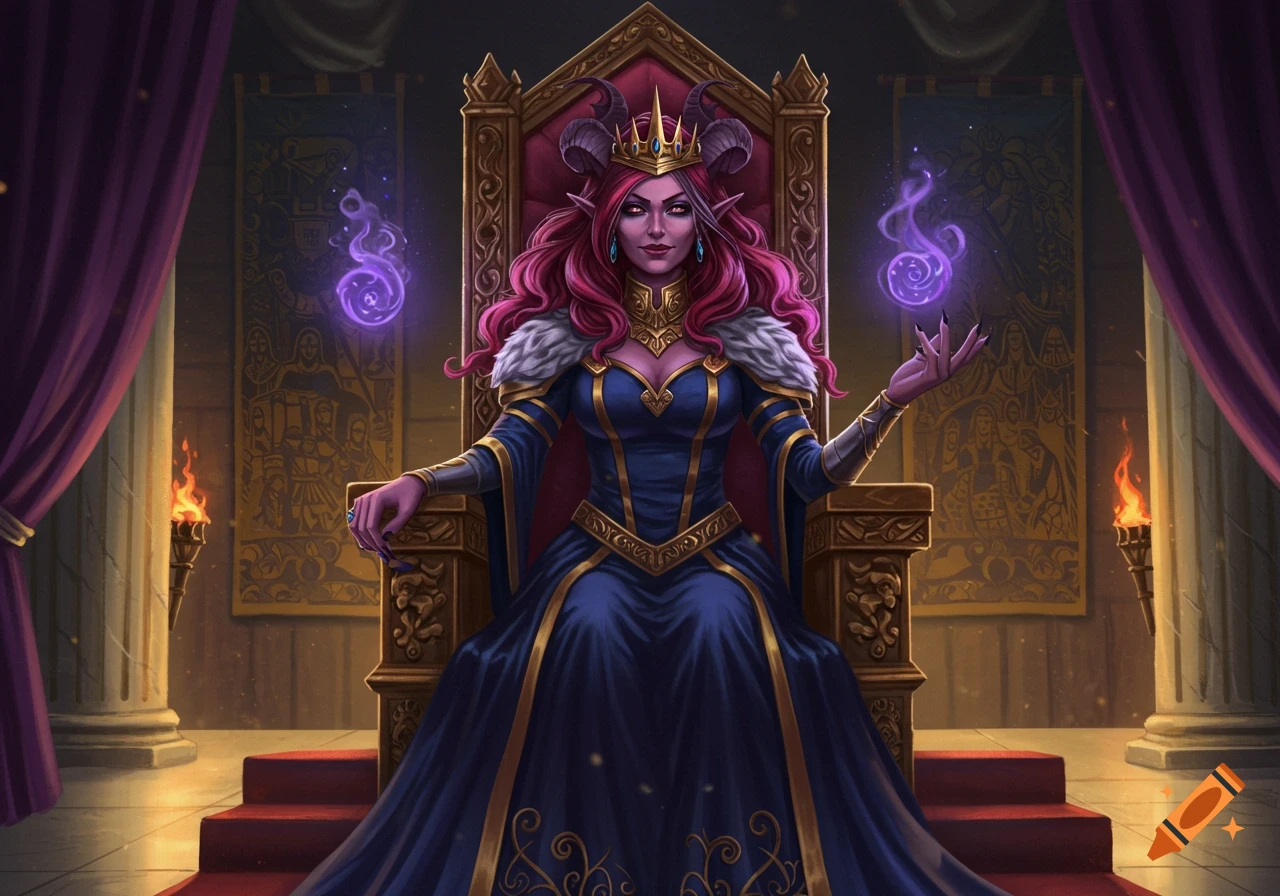 A detailed illustration of a tiefling queen with pink hair, horns, and a crown, sitting on a throne in a blue gown, holding purple magic.