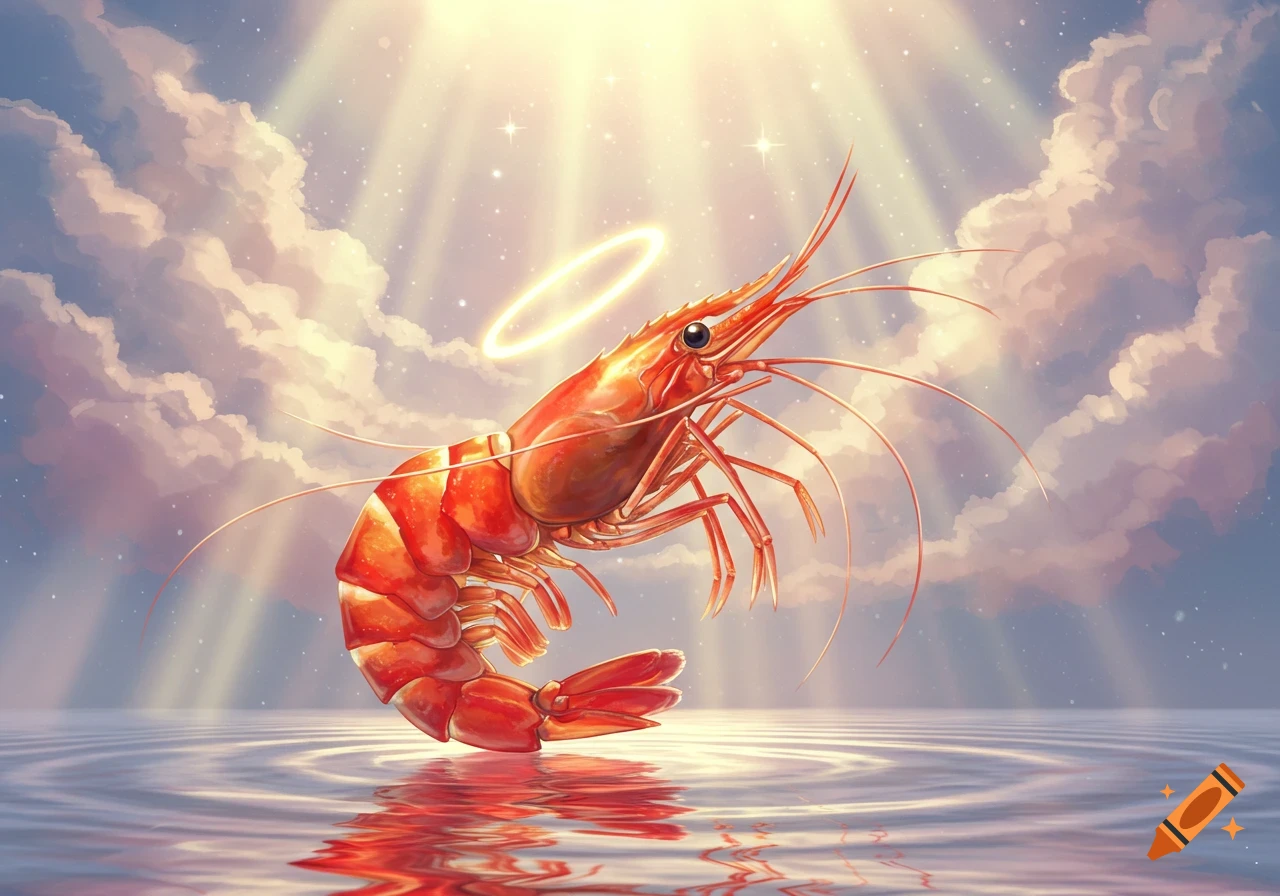A divine red shrimp with a glowing halo stands in shimmering water, bathed in sunbeams from a cloudy sky.